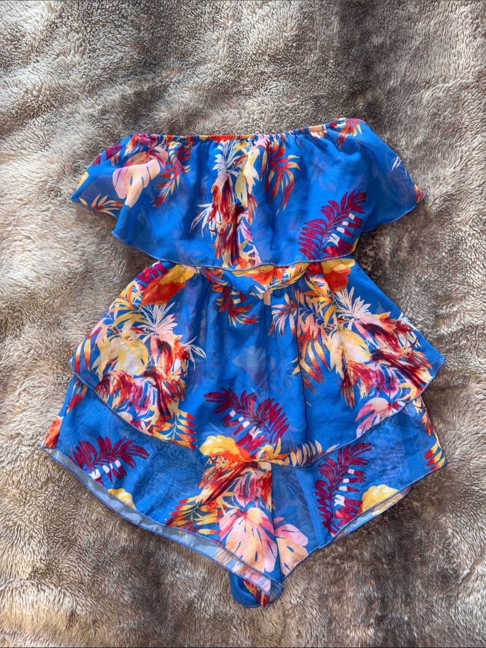 Fashion Nova Blue Tropical Off-Shoulder Romper 🌺